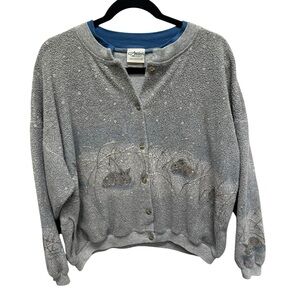 Vintage 90s Artisan Art to wear sweater cardigan bunnies print winter size large